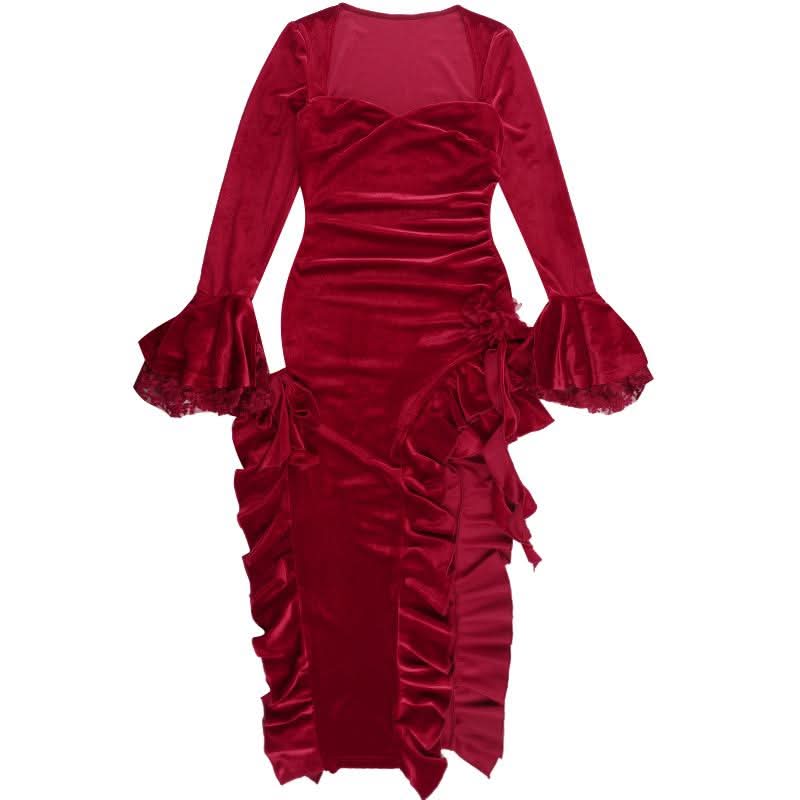 Long flared sleeve velvet ruffle slit midi dress  | Festival Outfits Women