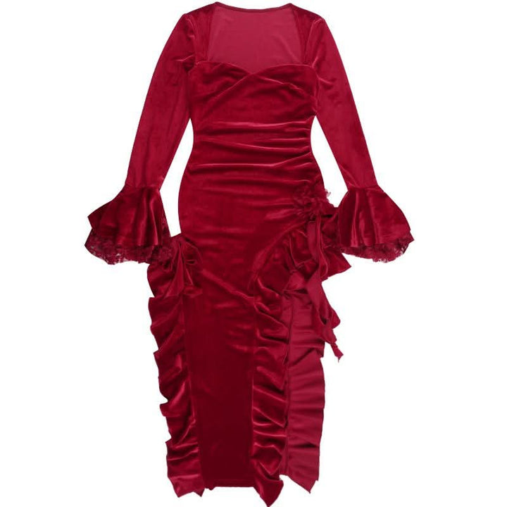 Long flared sleeve velvet ruffle slit midi dress  | Festival Outfits Women
