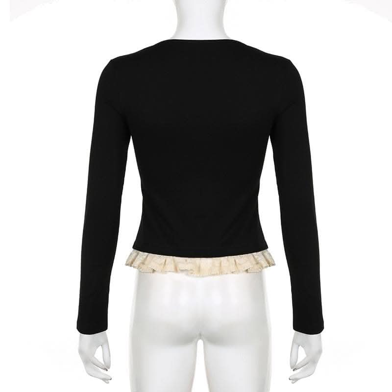 Lace patchwork contrast long sleeve self tie top-final-sale  | Festival Outfits Women