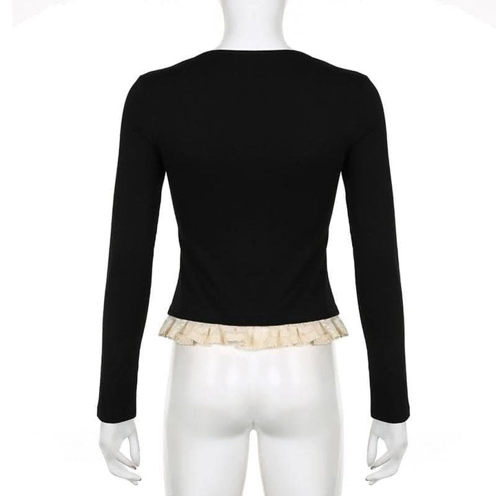 Lace patchwork contrast long sleeve self tie top-final-sale  | Festival Outfits Women