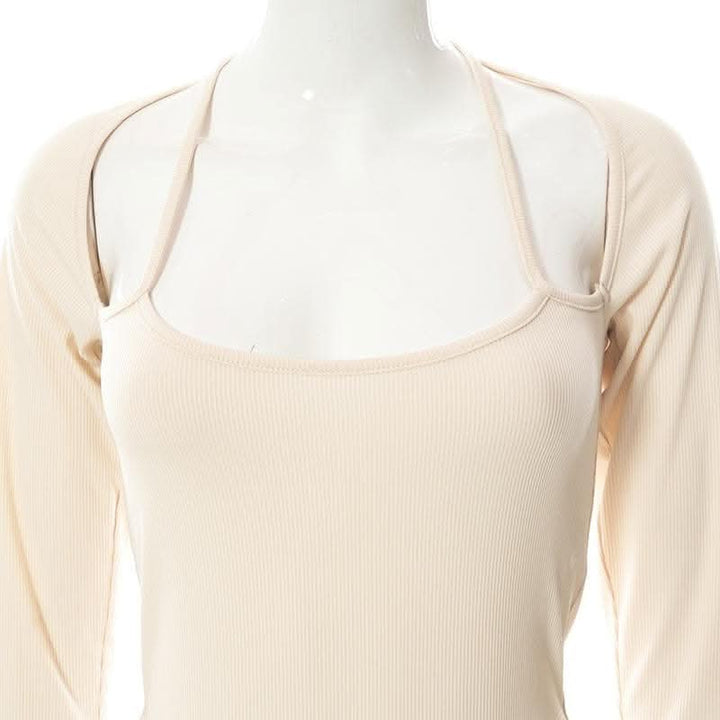 Halter solid ribbed long sleeve low cut bodysuit-final-sale  | Festival Outfits Women