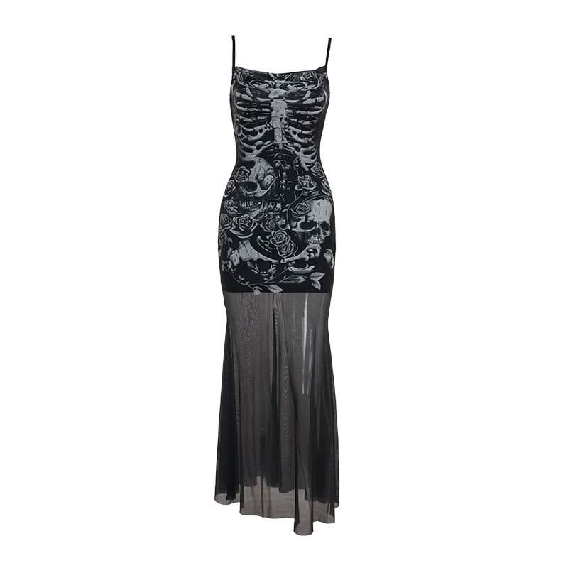 U neck skull print mesh backless cami maxi dress  | Festival Outfits Women-final-sale