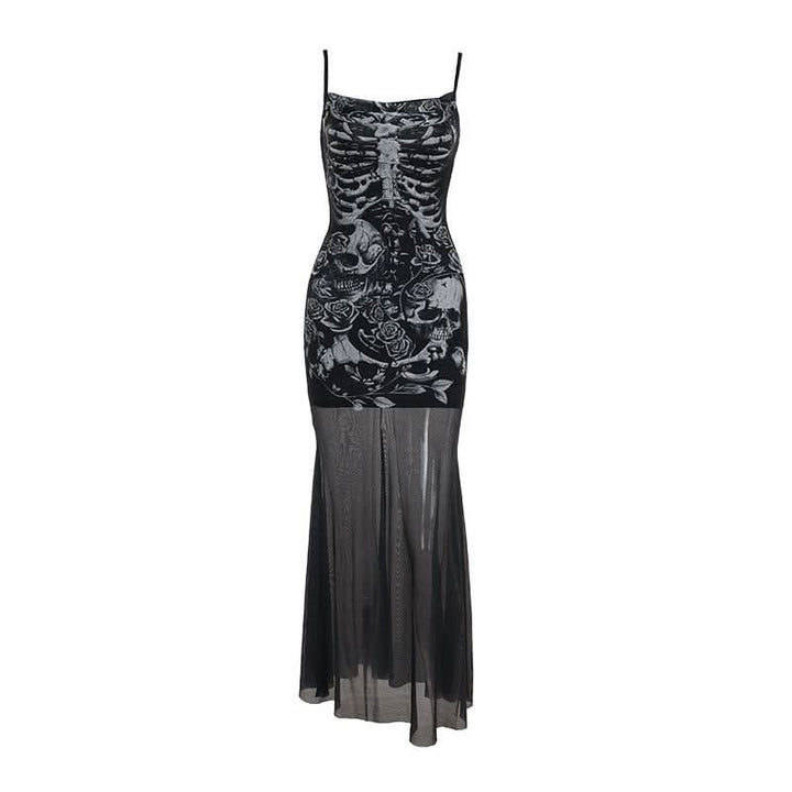 U neck skull print mesh backless cami maxi dress  | Festival Outfits Women-final-sale