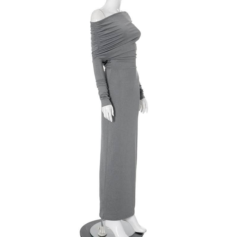 Long sleeve ruched one shoulder irregular maxi dress  | Festival Outfits Women