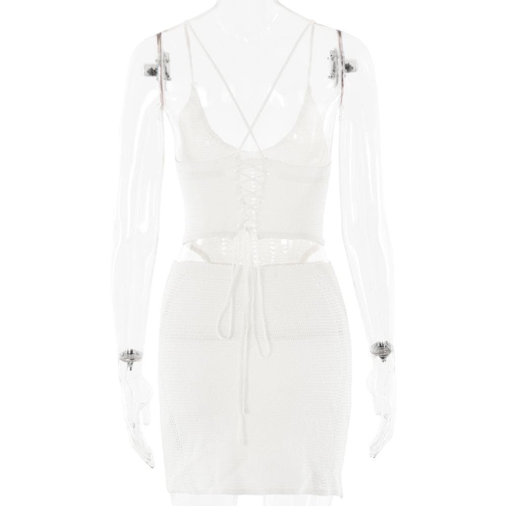 V neck knitted cross back backless cami mini skirt set  | Festival Outfits Women