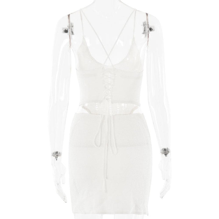 V neck knitted cross back backless cami mini skirt set  | Festival Outfits Women