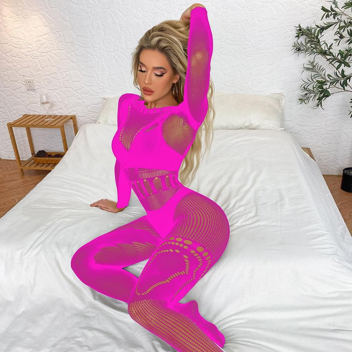 Long sleeve fishnet hollow out solid bodystocking  | Festival Outfits Women