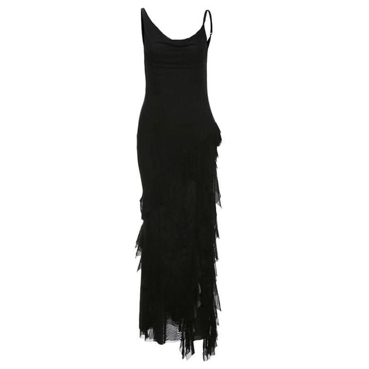 Cowl neck mesh ruffle slit irregular solid cami maxi dress-final-sale  | Festival Outfits Women