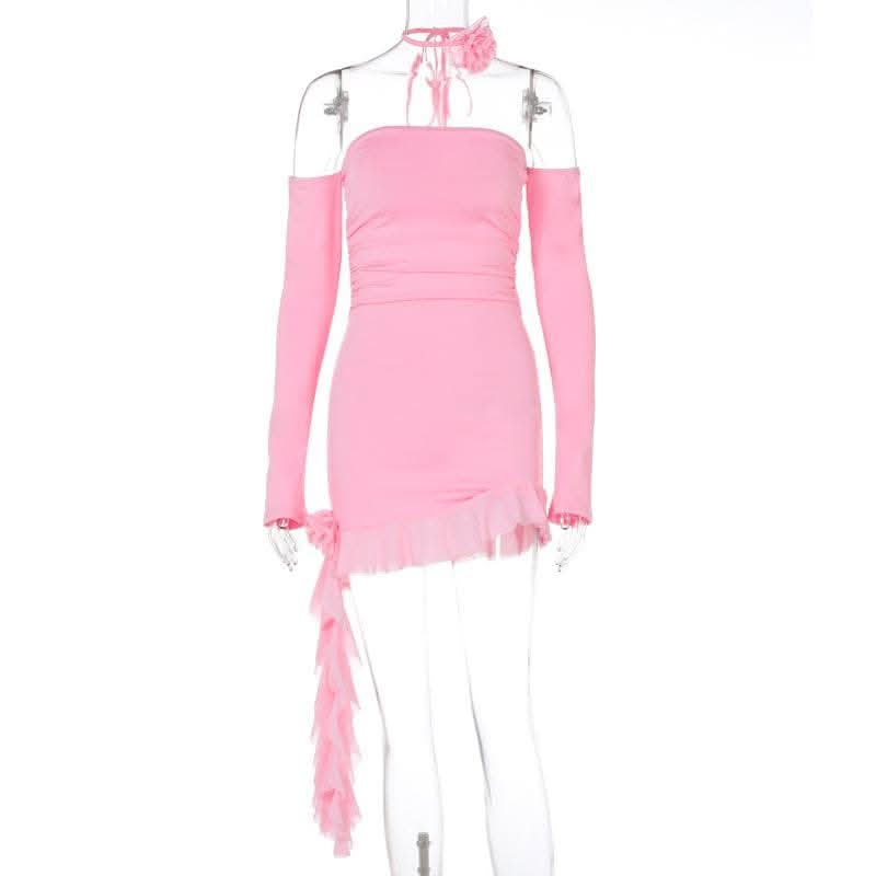 Long sleeve off shoulder flower applique ruffle ruched mini dress-final-sale  | Festival Outfits Women
