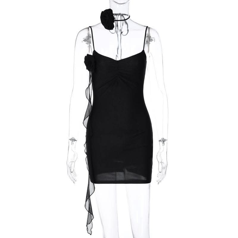 Flower applique solid backless v neck ribbon cami mini dress-final-sale  | Festival Outfits Women