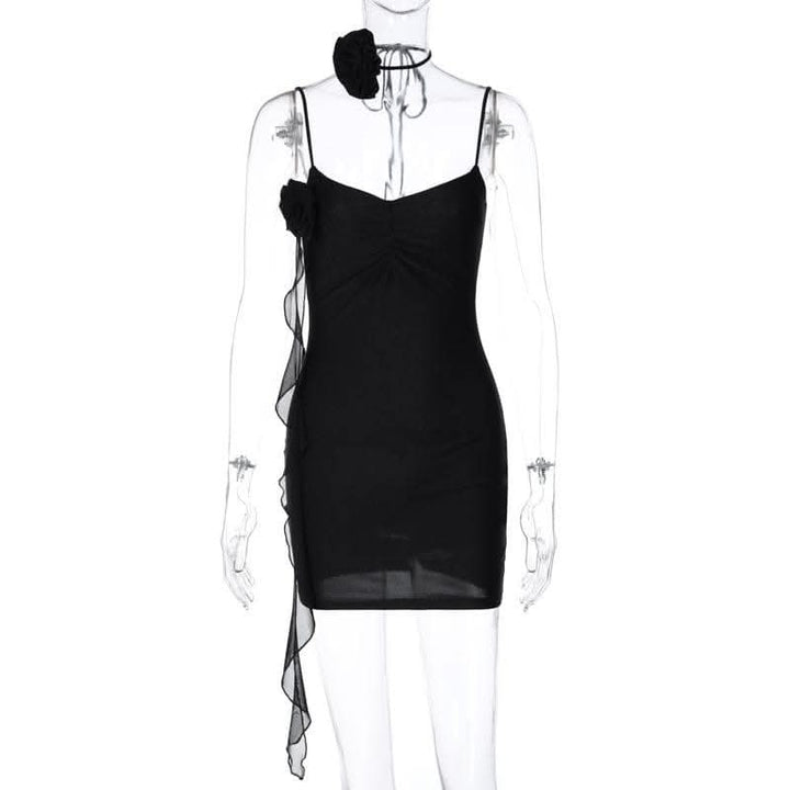 Flower applique solid backless v neck ribbon cami mini dress-final-sale  | Festival Outfits Women