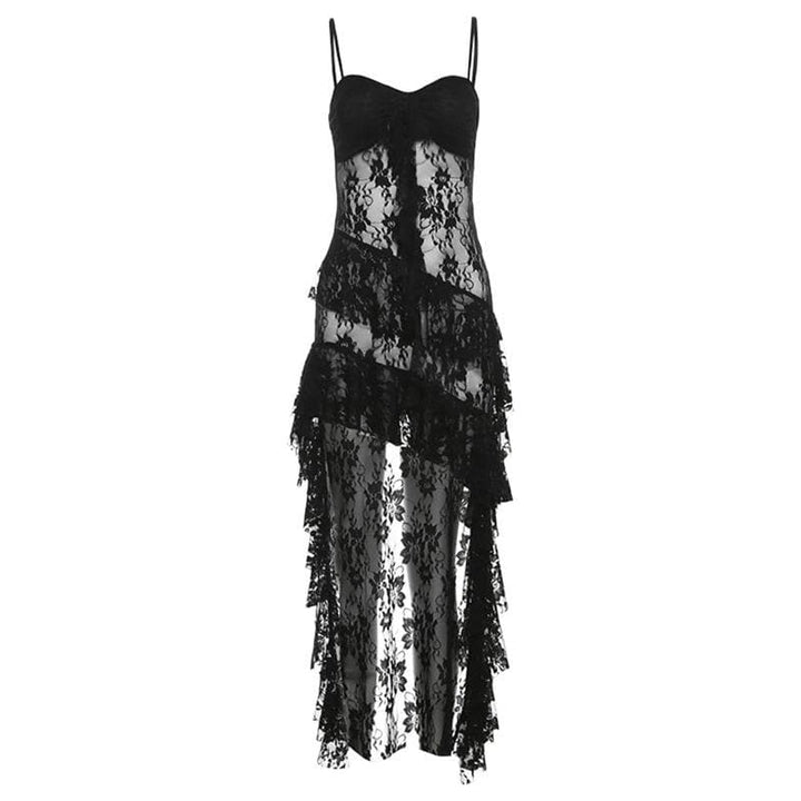 Sweetheart neck lace ruffle see through cami midi dress  | Festival Outfits Women