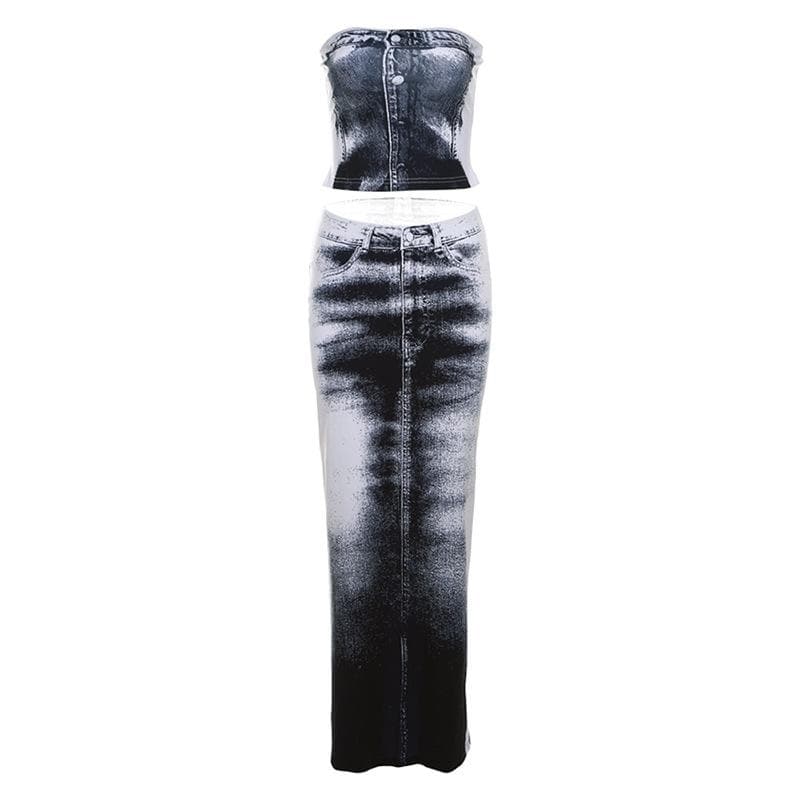 Contrast denim print slit backless tube maxi skirt set-final-sale  | Festival Outfits Women