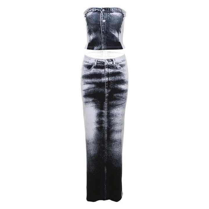 Contrast denim print slit backless tube maxi skirt set-final-sale  | Festival Outfits Women