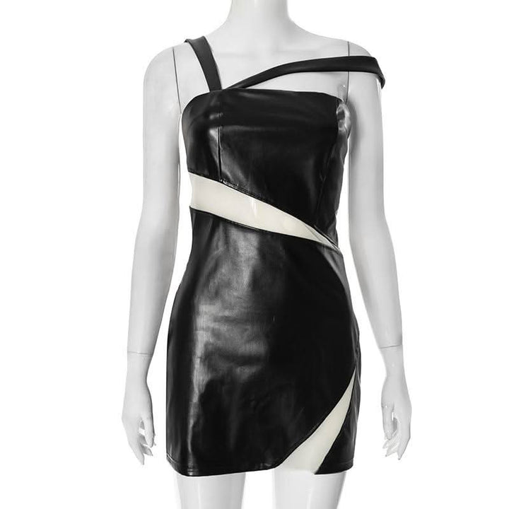 Irregular PU leather mesh zip-up mini dress  | Festival Outfits Women