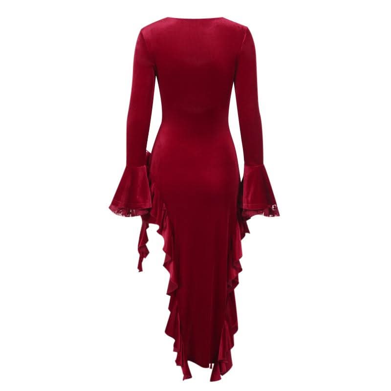 Long flared sleeve velvet ruffle slit midi dress  | Festival Outfits Women