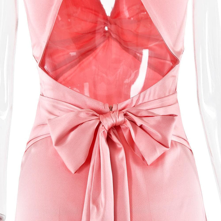 Ruched bowknot v neck satin cross back maxi dress  | Festival Outfits Women