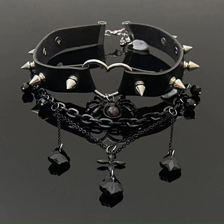 Spider rivet heart pendant PU leather layered choker necklace  | Festival Outfits Women