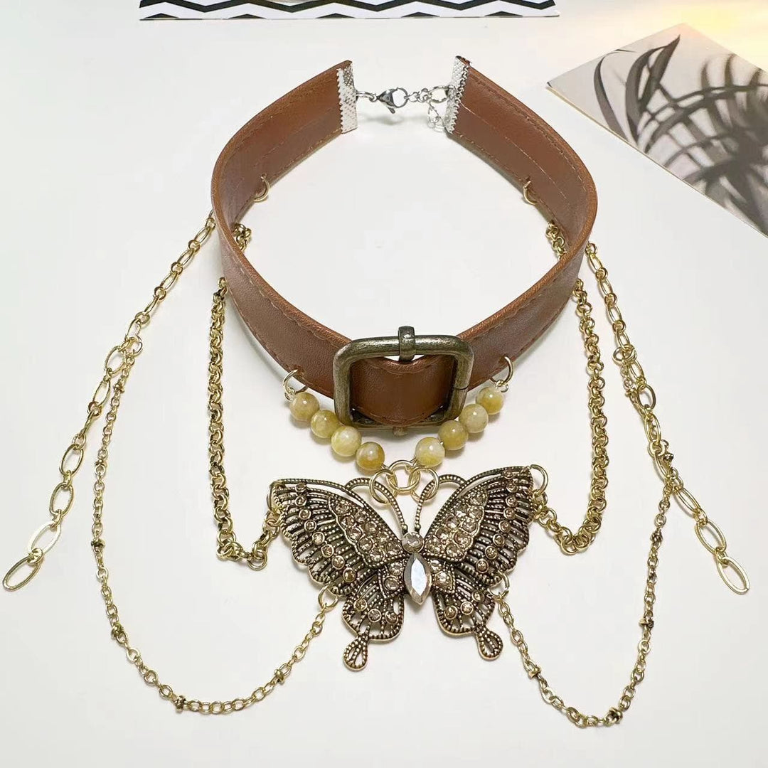 PU leather buckle butterfly pendant beaded choker necklace  | Festival Outfits Women