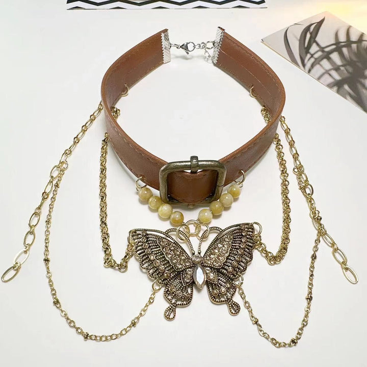 PU leather buckle butterfly pendant beaded choker necklace  | Festival Outfits Women