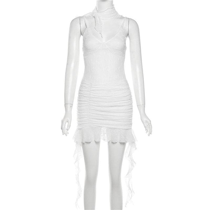Ruched ruffle lace 2-way v neck cami mini dress  | Festival Outfits Women