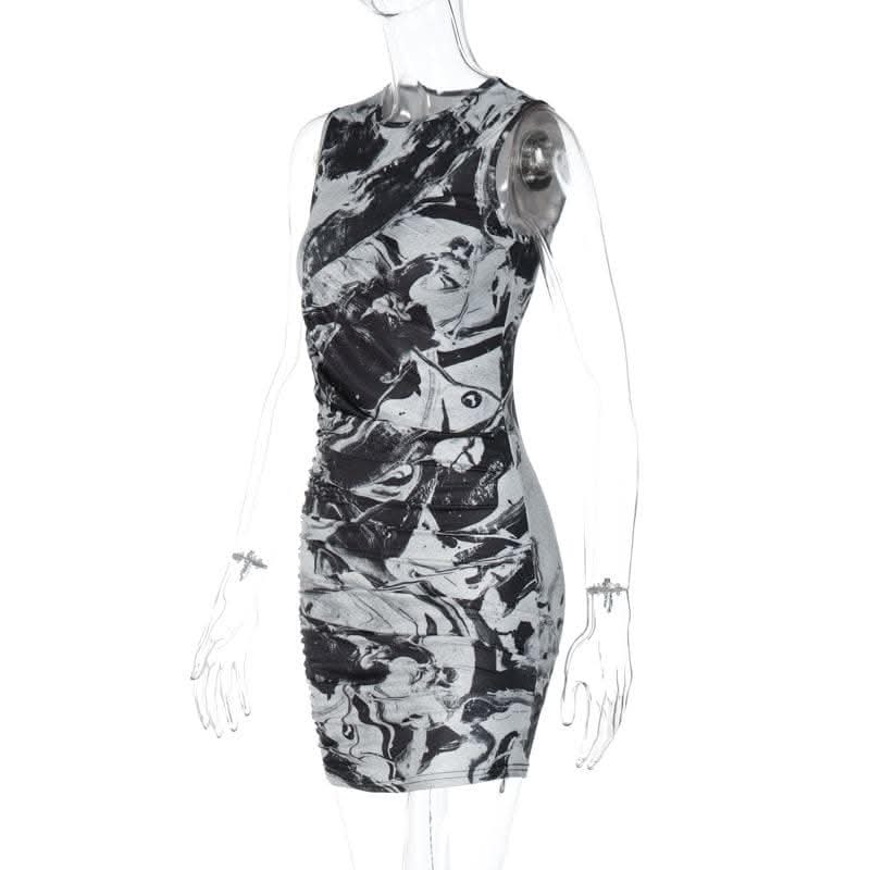 Tie dye contrast sleeveless ruched crewneck mini dress-final-sale