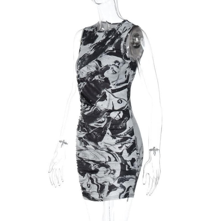 Tie dye contrast sleeveless ruched crewneck mini dress-final-sale