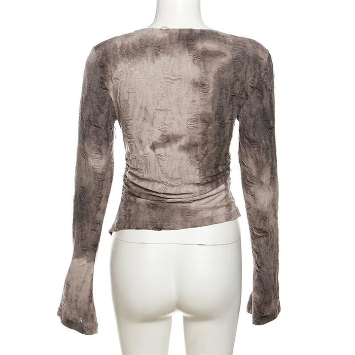Cowl neck long flared sleeve tie dye ruched irregular top  | Festival Outfits Women