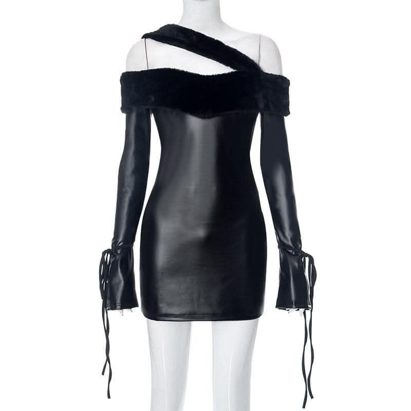 Long sleeve off shoulder PU leather furry solid mini dress-final-sale  | Festival Outfits Women
