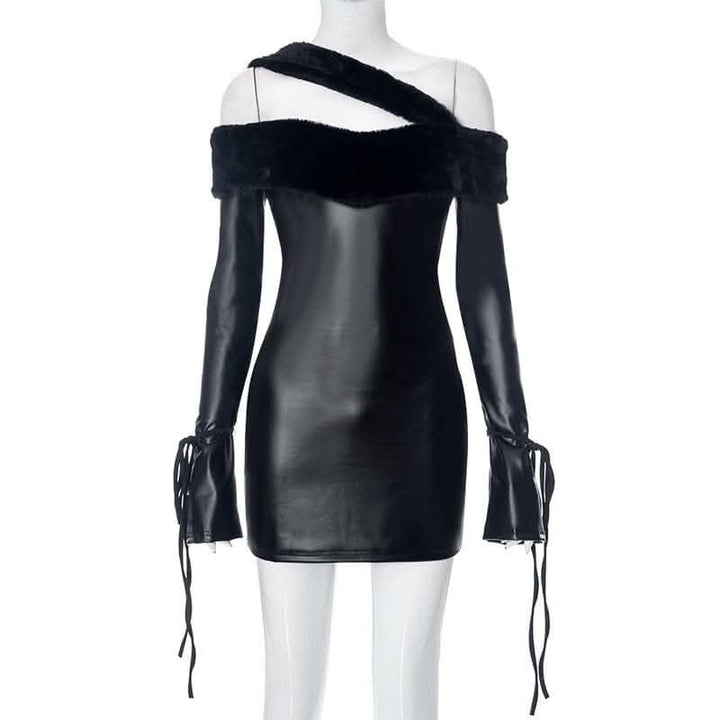 Long sleeve off shoulder PU leather furry solid mini dress-final-sale  | Festival Outfits Women