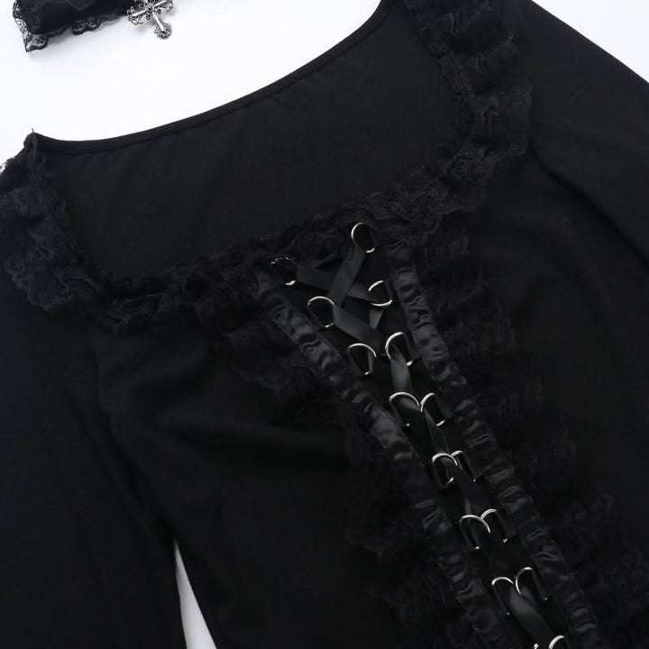 Long sleeve ruffle lace hem necklace top  | Festival Outfits Women