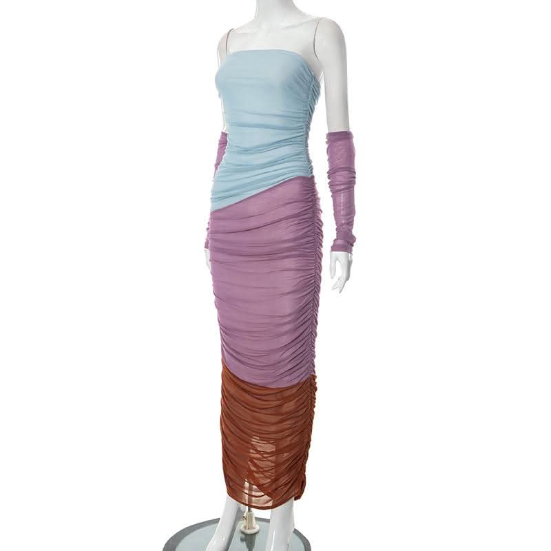 Mesh ruched contrast patchwork off shoulder maxi tube dress-final-sale  | Festival Outfits Women