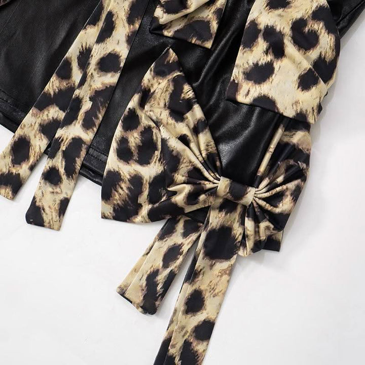 Leopard print bowknot PU leather contrast mini skirt Cargo Mini Skirt  | Festival Outfits Women  | Leopard Print Mini Dress