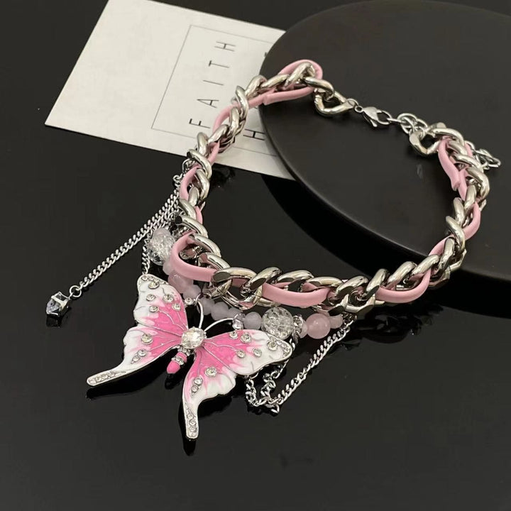 Pink butterfly beaded PU leather choker necklace  | Festival Outfits Women
