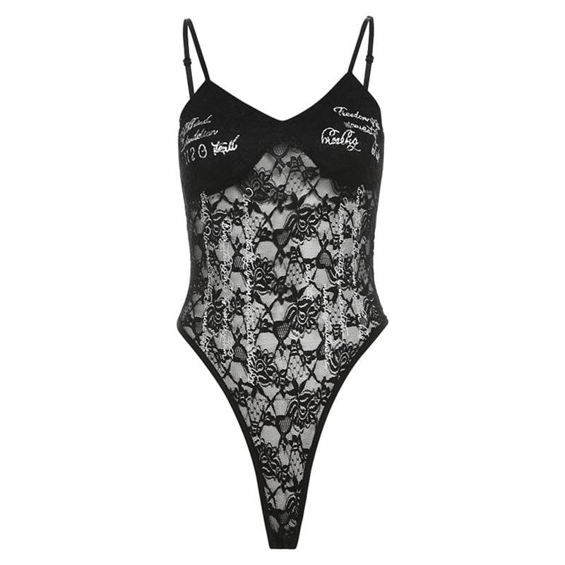 Lace v neck letter print button cami bodysuit  | Festival Outfits Women