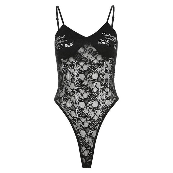 Lace v neck letter print button cami bodysuit  | Festival Outfits Women