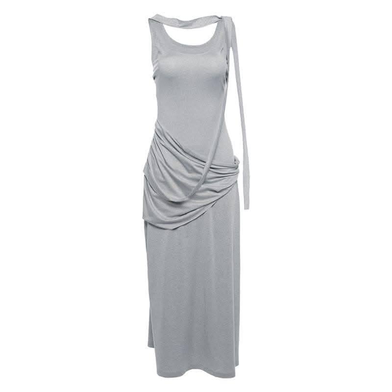 Ruched solid sleeveless u neck irregular midi dress-final-sale  | Festival Outfits Women