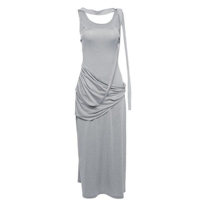 Ruched solid sleeveless u neck irregular midi dress-final-sale  | Festival Outfits Women