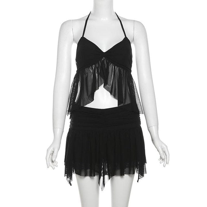 Halter ruffle mesh v neck ruched mini skirt set  | Festival Outfits Women