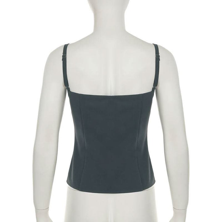 Square neck lace hem button ruched backless top  | Festival Outfits Women