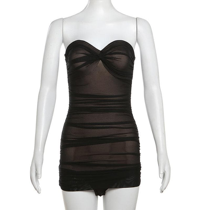 Ruched mesh patchwork solid tube mini dress  | Festival Outfits Women