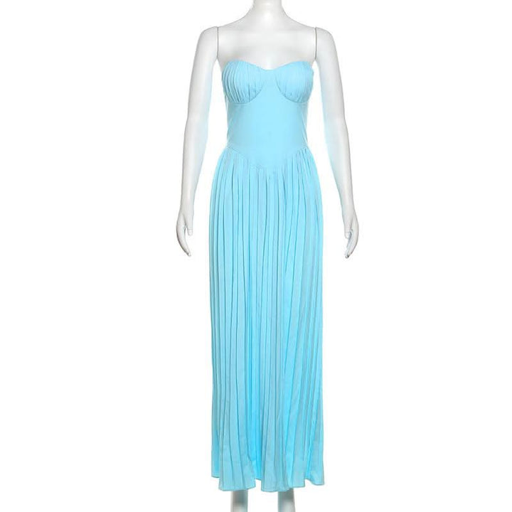 Sweetheart neck backless ruched solid maxi dress  | Festival Outfits Women