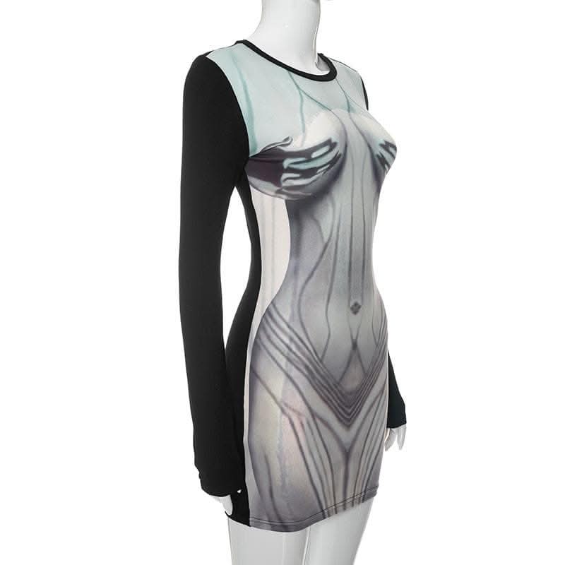 Body print contrast long sleeve round neck mini dress-final-sale  | Festival Outfits Women