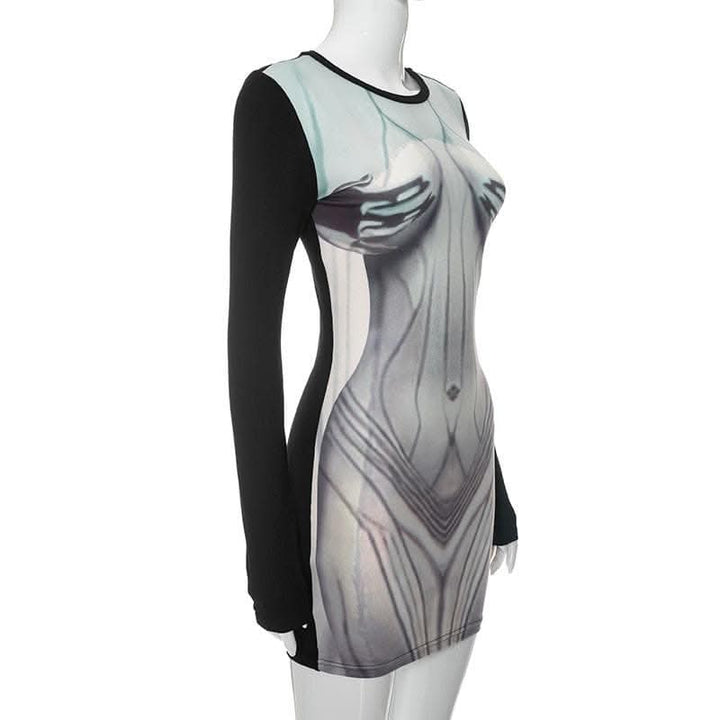 Body print contrast long sleeve round neck mini dress-final-sale  | Festival Outfits Women