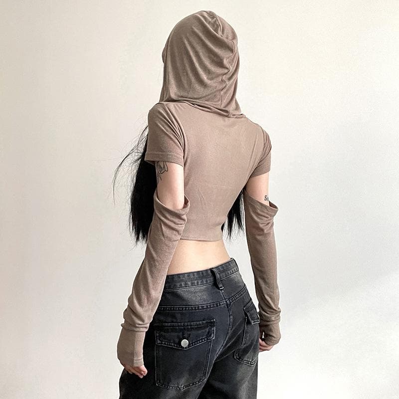 Hoodie cowl neck hollow out long sleeve corset crop cut out top-final-sale