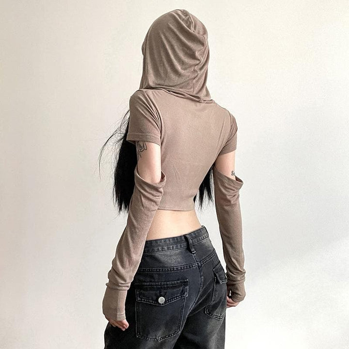 Hoodie cowl neck hollow out long sleeve corset crop cut out top-final-sale