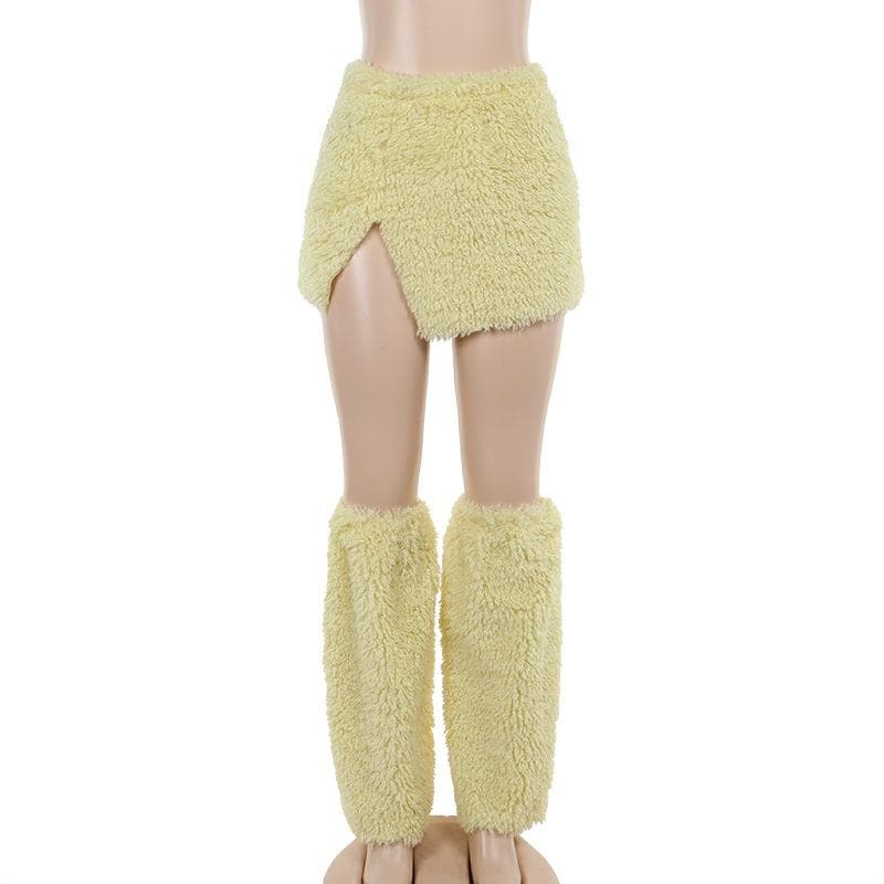 Fluffy slit leg warmer solid mini skirt  | Festival Outfits Women