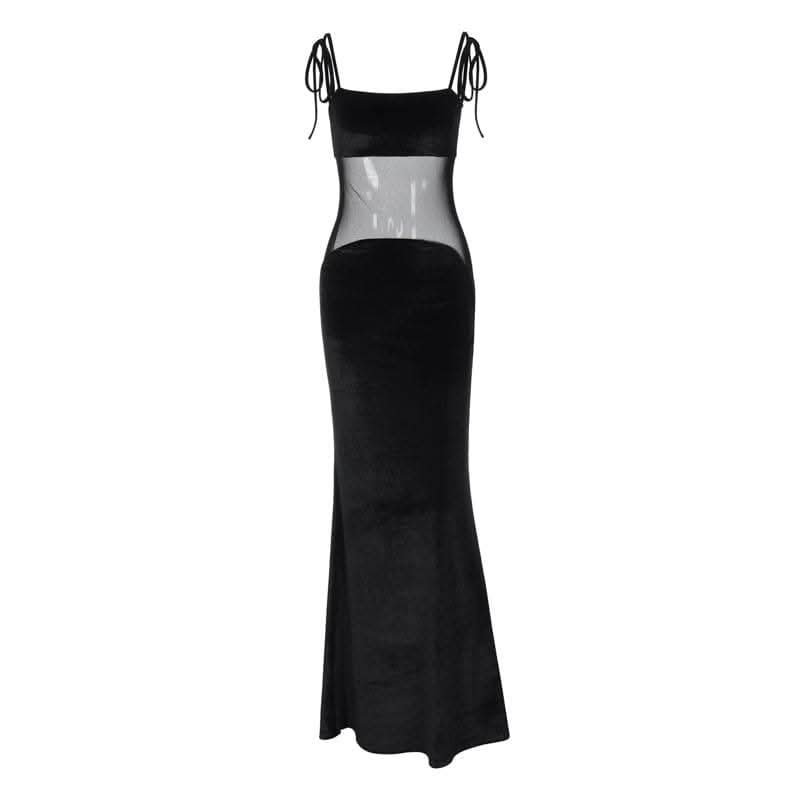 Self tie mesh patchwork backless velvet solid cami maxi dress-final-sale  | Festival Outfits Women
