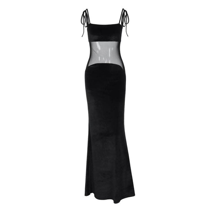 Self tie mesh patchwork backless velvet solid cami maxi dress-final-sale  | Festival Outfits Women