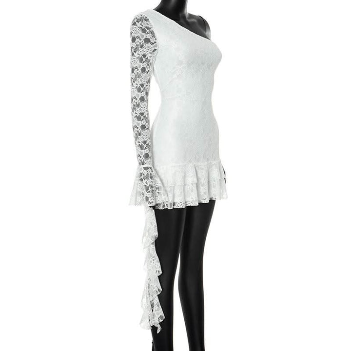 One shoulder long sleeve lace ruffle mini dress  | Festival Outfits Women